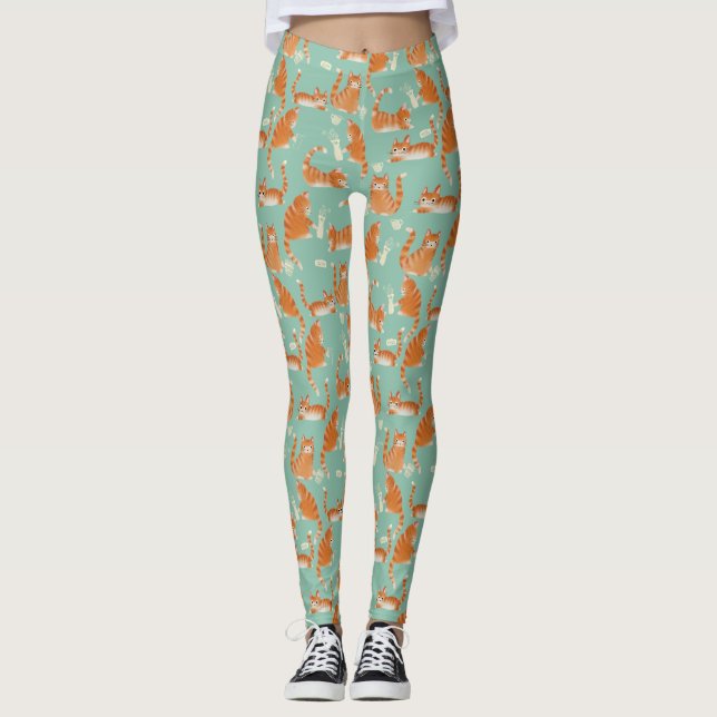 Bad Orange Tabby Katzen klopfen über Muster Leggings (Vorderseite)