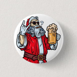Bad Santa Claus, Rock, Bier und Zigar Button