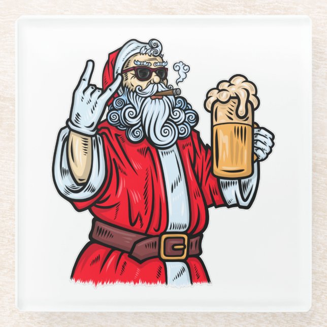 Bad Santa Claus, Rock, Bier und Zigar Glasuntersetzer (Vorderseite)