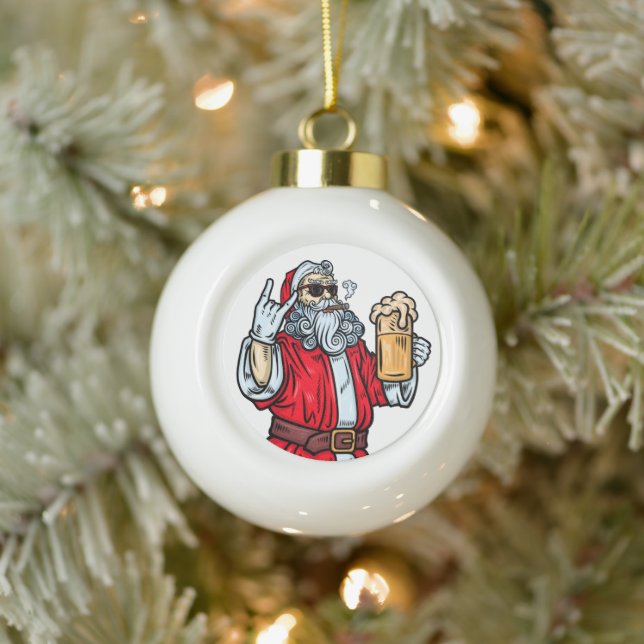Bad Santa Claus, Rock, Bier und Zigar Keramik Kugel-Ornament (Baum)