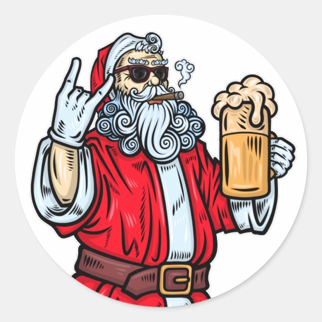 Bad Santa Claus, Rock, Bier und Zigar Runder Aufkleber (Vorderseite)