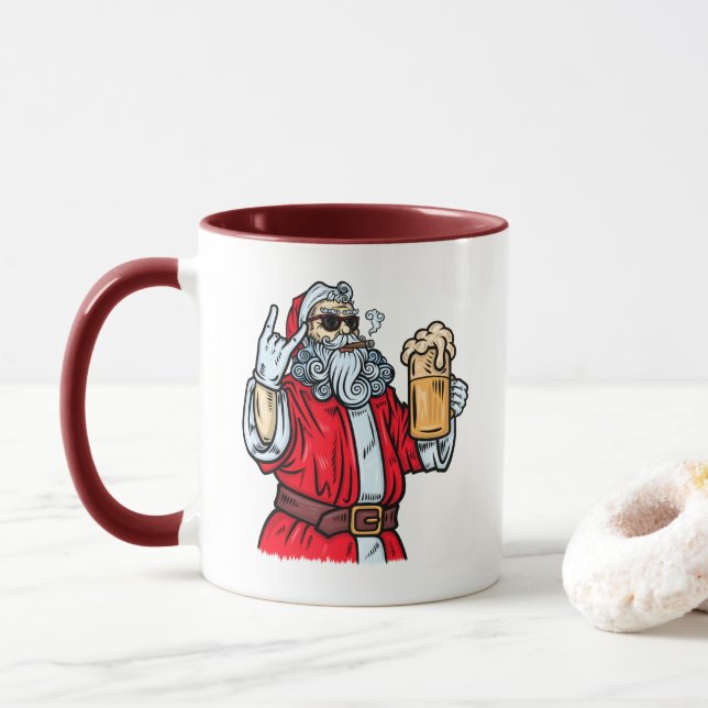 Bad Santa Claus, Rock, Bier und Zigar Tasse (Mit Donut)