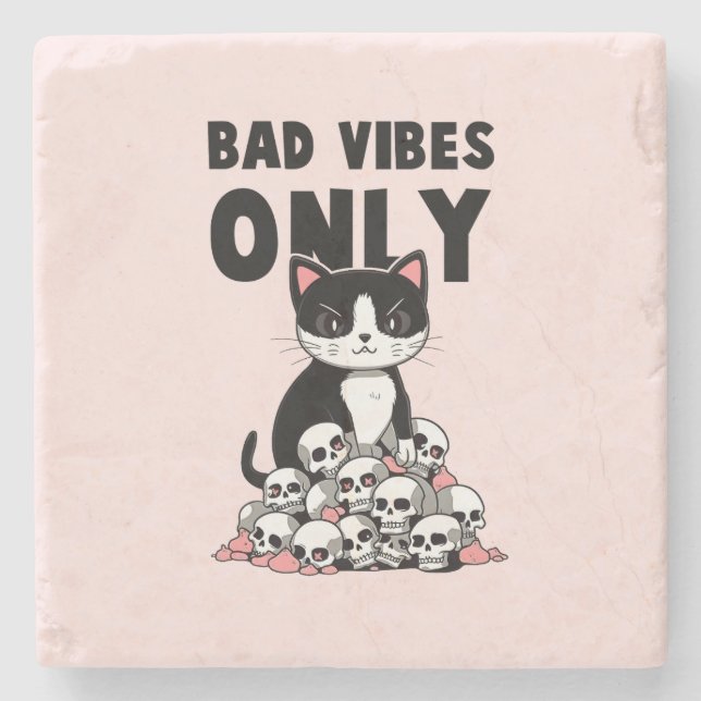 Bad Vibes only - Cat & Skulls Steinuntersetzer (Vorderseite)