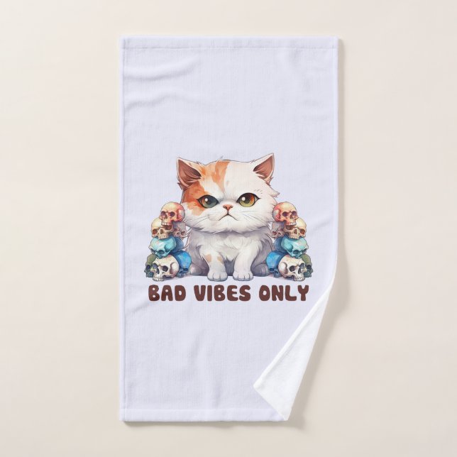 Bad Vibes only - Fierce Cat & Skulls Gothic Design Badhandtuch Set (Handtuch)