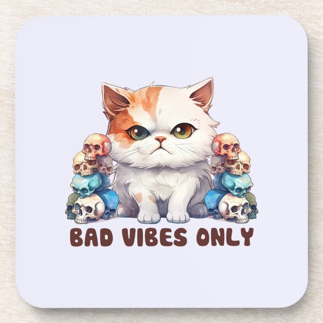 Bad Vibes only - Fierce Cat & Skulls Gothic Design Getränkeuntersetzer (Vorderseite)