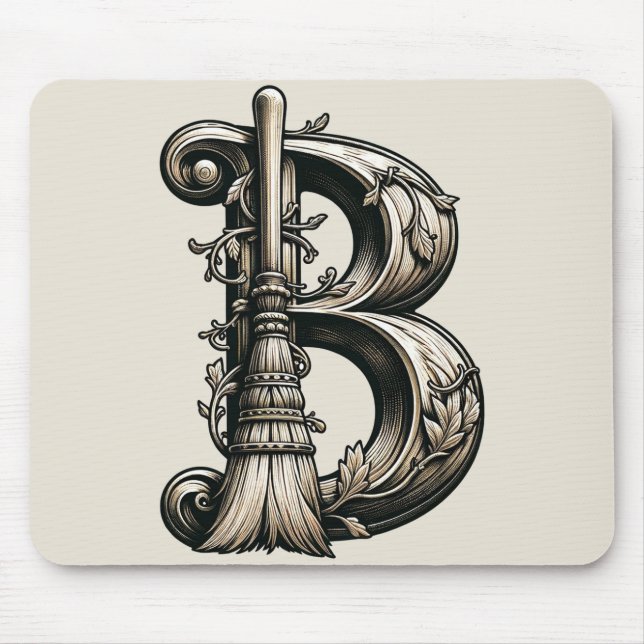 Bad Witch Witchy Broom Letter B Custom Initial Mousepad (Vorne)