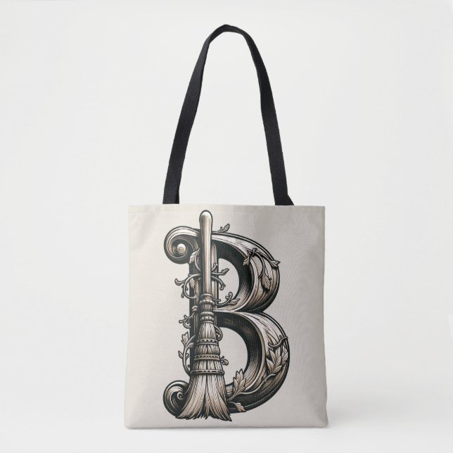 Bad Witch Witchy Broom Letter B Custom Initial Tasche (Vorderseite)