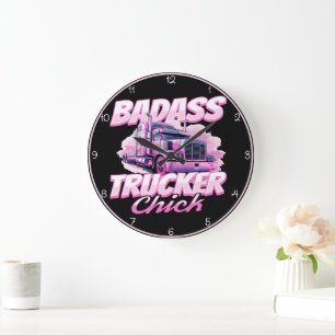 Badass Trucker Chick Pink Power Große Wanduhr