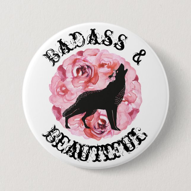 Badass und schöner schwarzer Wolf und Rosen-Knopf Button (Vorderseite)