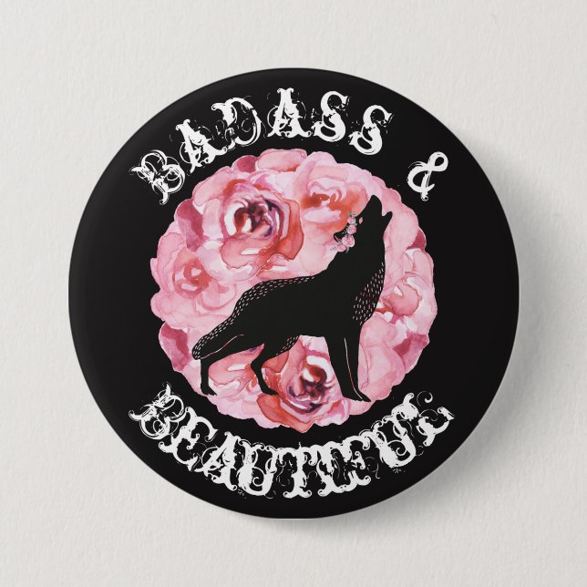 Badass und schöner Wolf und Rosen-schwarzer Knopf Button (Vorderseite)