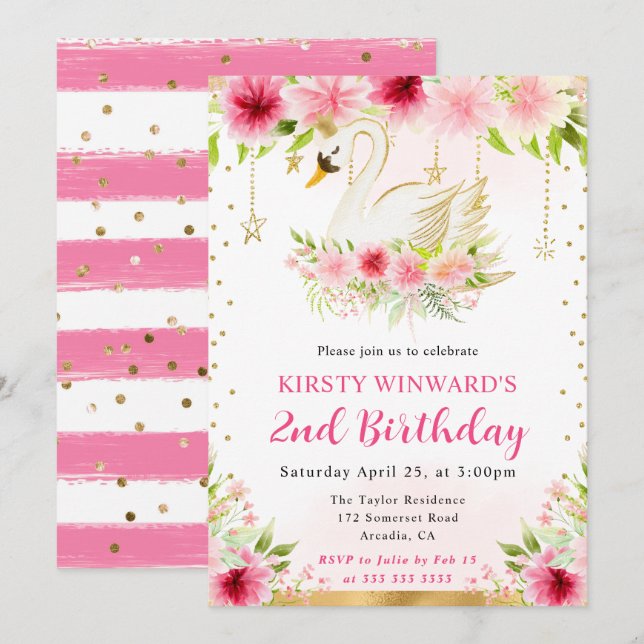 Badefarbe Sommerrosa Blume Schwan Geburtstag Einladung (Vorne/Hinten)
