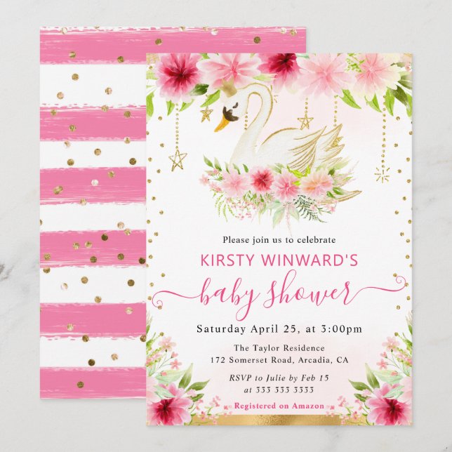 Badefarbe Sommerrosa Blume Schwanendusche Einladung (Vorne/Hinten)