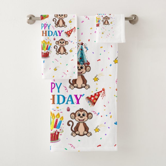 Badehandtücher-Sets, Happy Birthday Monkey Cupcake Badhandtuch Set (Insitu)