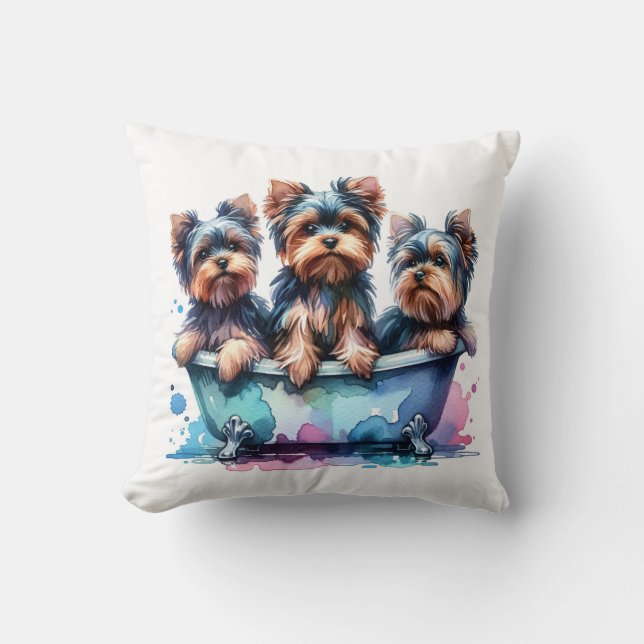 Bades Yorkies Throw Kissen (Vorderseite)