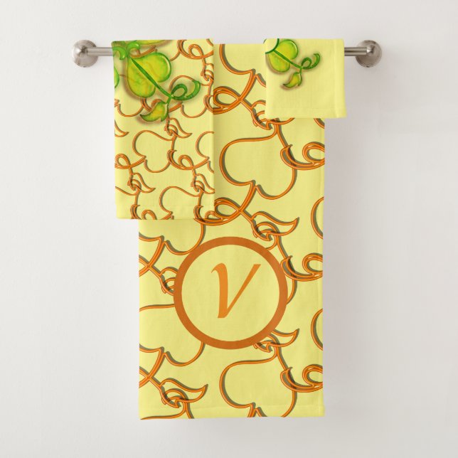 Badetuch-Set - Ivy-Blätter und Monogramm auf Gelb Badhandtuch Set (Insitu)