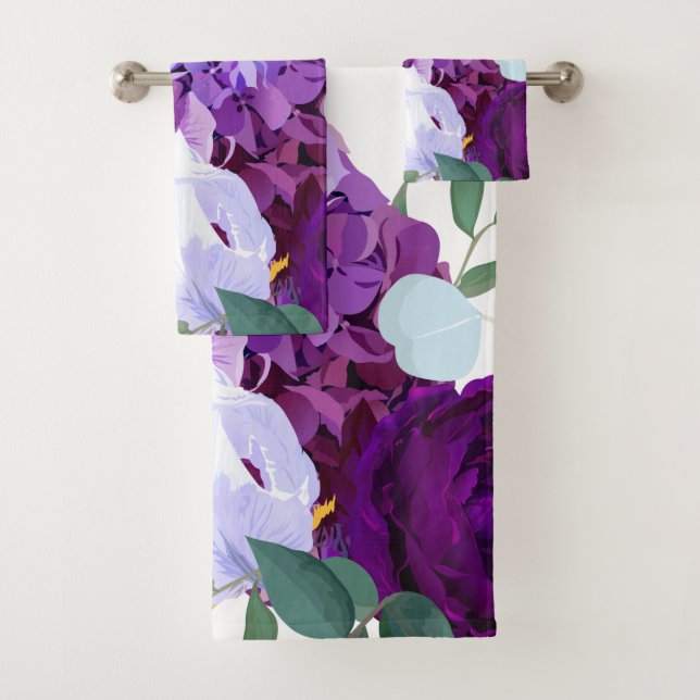 Badetuch Set Lavendel Hibiskus auf Weiß (Insitu)