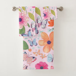 Badetücher, Schmetterlinge und Blume, rosa Badhandtuch Set