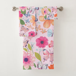 Badetücher, Schmetterlinge und Blume, rosa Badhandtuch Set