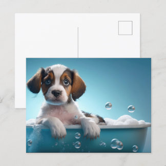 Badewanne und Blasen Puppy Postkarte