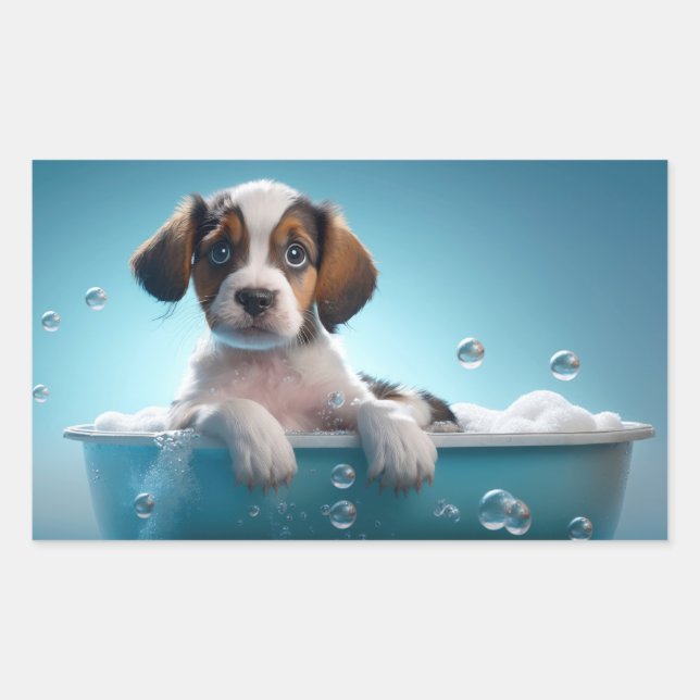 Badewanne und Blasen Puppy Rechteckiger Aufkleber (Vorderseite)