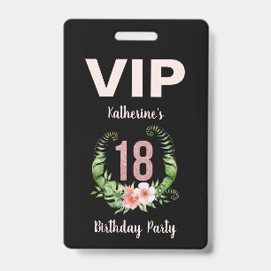Badge 18e anniversaire floral noir VIP