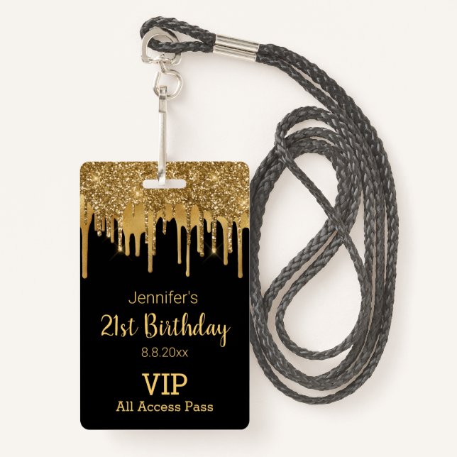 Badge 21 anniversaire noir goutte d'or parties scintilla (Devant avec lanière)