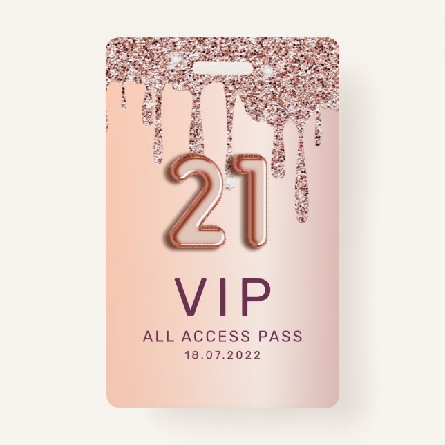 Badge 21e Anniversaire Rose Parties scintillant d'or (Devant)
