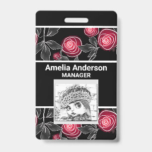 Badge Abstrait moderne roses rouges feuilles croisées fl