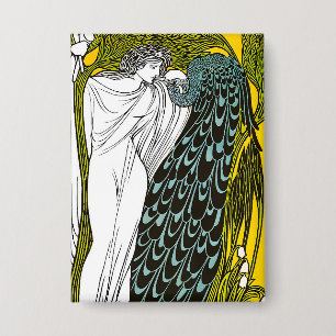 Badge Affiche Art nouveau femme et paon antique