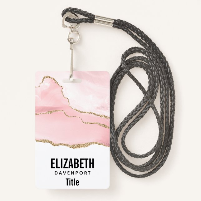 Badge Agate rose vierge avec ruban or Élégant (Devant avec lanière)