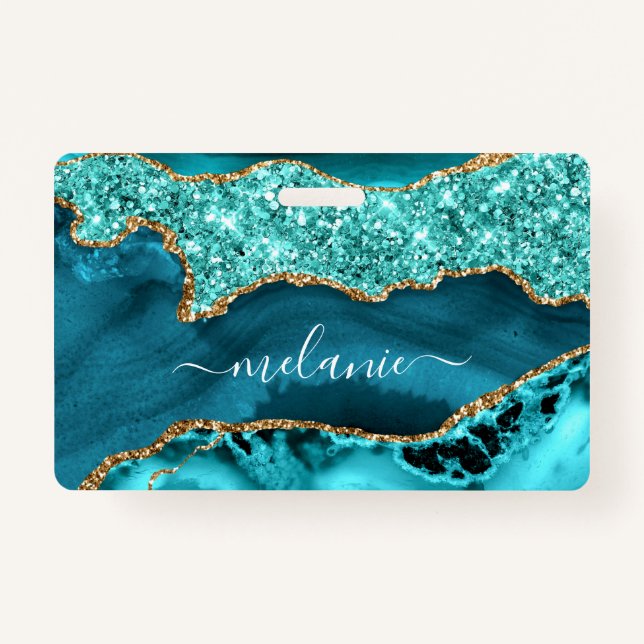 Badge Agate Turquoise Blue Gold Parties scintillant Marb (Devant)