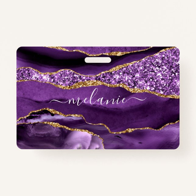 Badge Agate Violet violet or Parties scintillant Nom per (Devant)