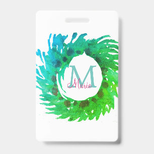 Badge Ajouter une couronne de Noël vert rose monogramme