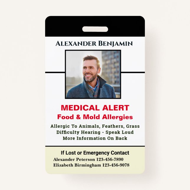 Badge Alerte allergique Médicale ID d'urgence Photo pers (Devant)