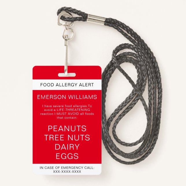 Badge Alerte d'allergie alimentaire rouge personnalisée (Devant avec lanière)