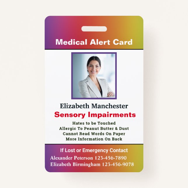 Badge Alerte d'invalidité d'allergie ID contact Photo pe (Devant)