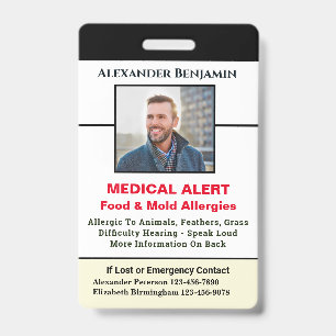 Badge Alerte Médicale d'Allergie Photo d'Identification