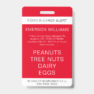 Badge Alerte personnalisée d'allergie alimentaire rouge
