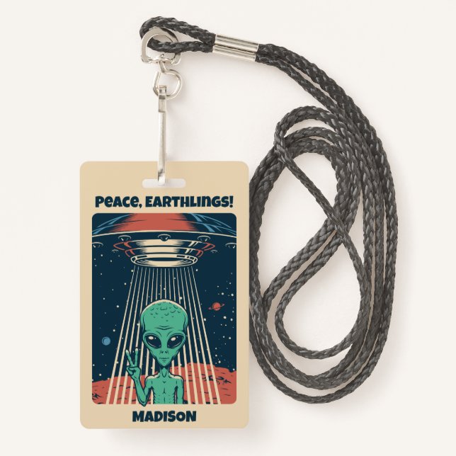 Badge Alien UFO de texte personnalisé (Devant avec lanière)