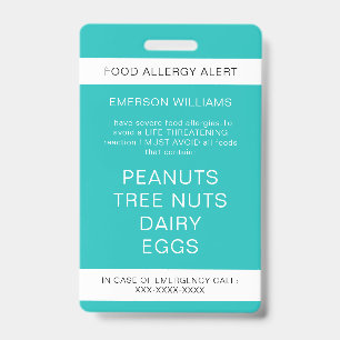 Badge Allergie alimentaire Alerte Médicale Contact d'urg
