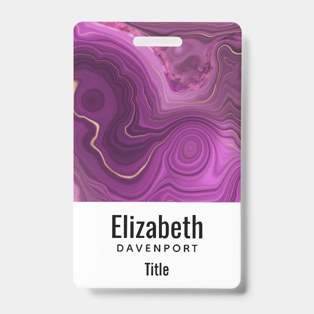 Badge Améthyste violette et agate abstraite dorée (Avant)