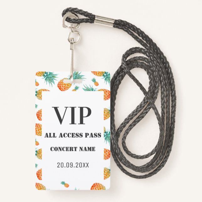 Badge Ananas Tropical Tous VIP Access Concert Party  (Devant avec lanière)