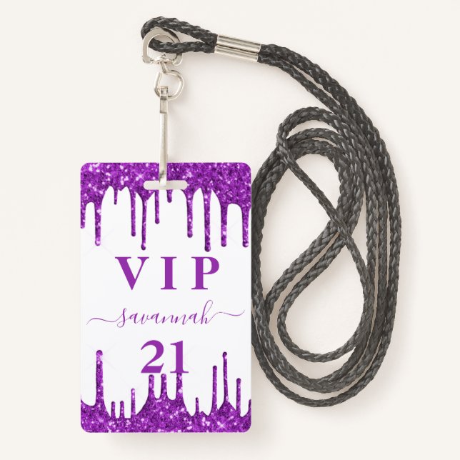 Badge Anniversaire blanc violet parties scintillant gout (Devant avec lanière)