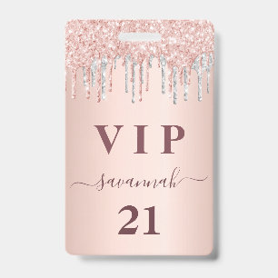 Badge Anniversaire rose gouttes d'or rose argent vip