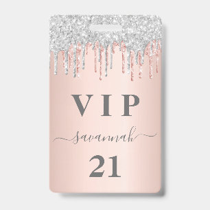 Badge Anniversaire rose gouttes d'or rose argent vip