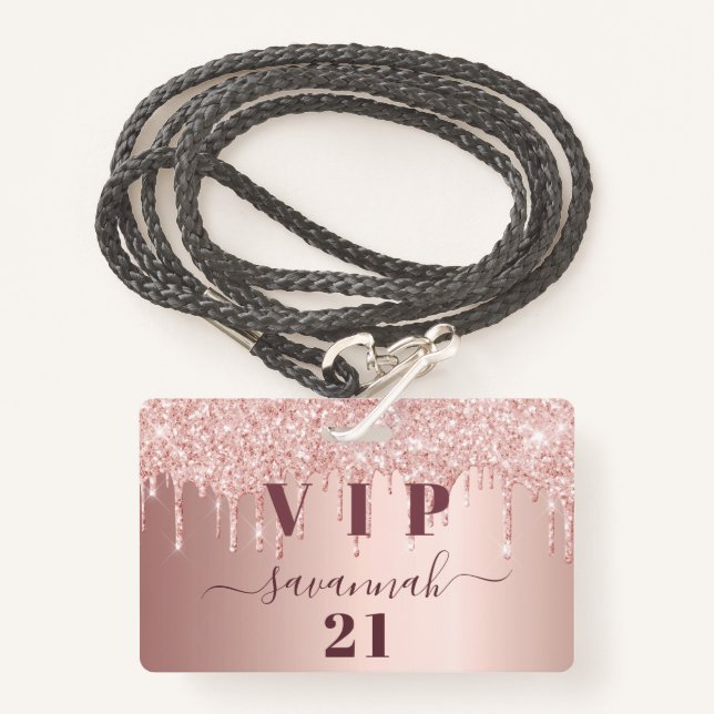 Badge Anniversaire rose gouttes d'or rose vip (Devant avec lanière)