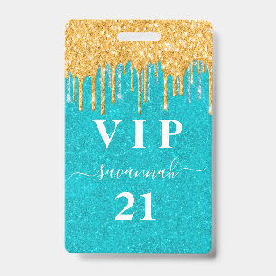 Badge Anniversaire turquoise or parties scintillant gout