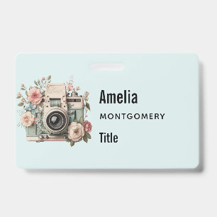 Badge Appareil photo avec image rétro pastel de fleurs