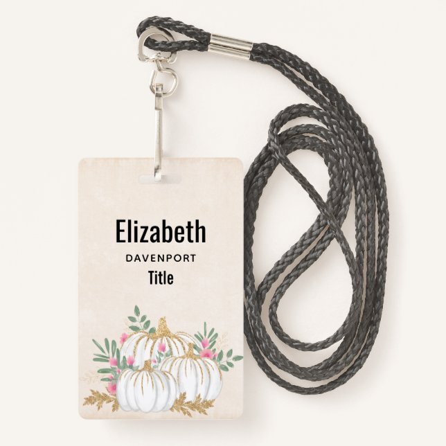 Badge Aquarelle blanche et Citrouille or (Devant avec lanière)