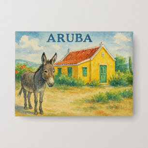 Badge Aquarelle de l'âne et de la maison cunucu d'Aruba